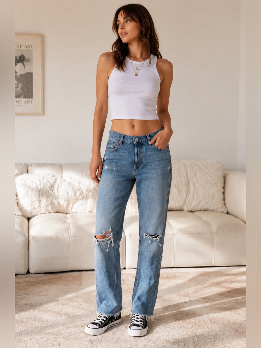 &Denim Low Rise Boyfriend Distressed Jeans Raw Hem Size 2 H&M